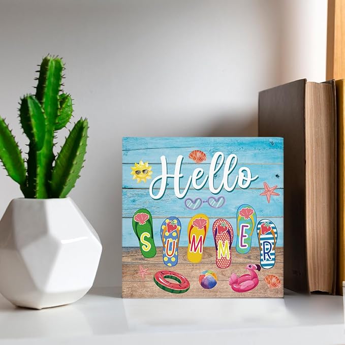 Summer Decor Hello Summer Decorations Flip Flop Wooden Sign Rustic Home Decor 5 x 5 Inches-Ruum Studio Home