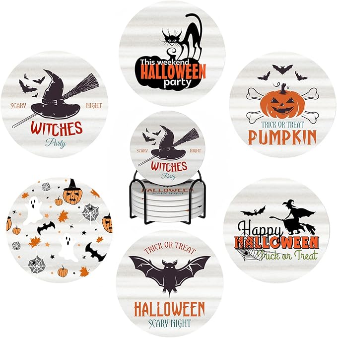 6 PCS Halloween Coasters with Metal Holder and Cork Base Ceramic Drink Coasters Absorbent Cup Mat Non-Slip for Home Kitchen Office Table Decor, 4 Inch Halloween 1-Ruum Studio Home
