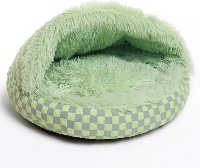Cat Bed Hooded Plush Nest with Self-Warming Cozy Cave, Calming Anti-Anxiety Pet Bed for Indoor Cats & Small Dogs, Removable Washable Cover & Waterproof Bottom - Green-Ruum Studio Home