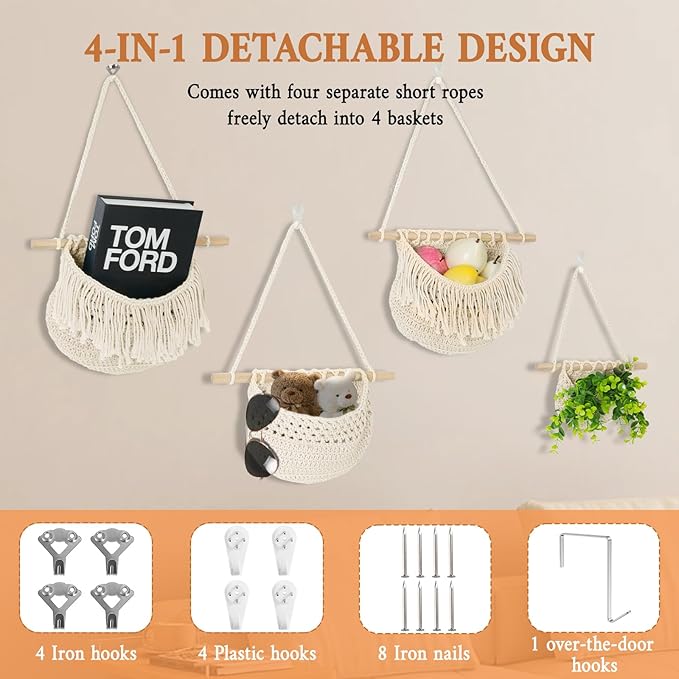 4 Tier Hanging Fruit Basket for Kitchen, Beige Boho Cotton Rope Crocheted Fruit Holder for Bathroom Bedroom, Detachable Wall Hanging Basket Shelves Over Door Organizer for Fruits Veggie Plant Decor-Ruum Studio Home
