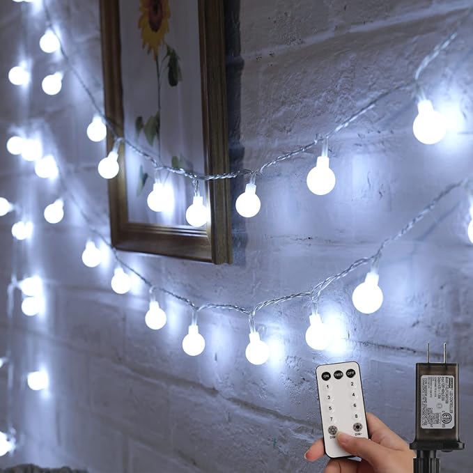Minetom 33 Feet 100 Led Globe Ball String Lights, Fairy String Lights Plug in with Remote, Waterproof Globe String Lights for Indoor Outdoor Party Wedding Christmas Tree Garden Decoration, Pure White-Ruum Studio Home