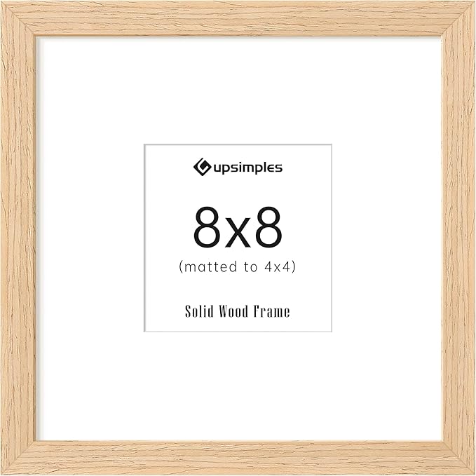 upsimples 8x8 Picture Frames, Natural Solid Wooden Picture Frames, Display 4x4 with Mat or 8 x 8 Without Mat, Wall or Tabletop, 1 Pack, Natural-Ruum Studio Home