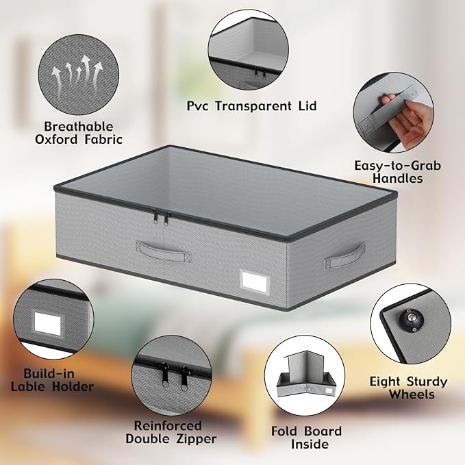 Under Bed Storage with Wheels, No Assemble Required 7.5 inches height Under Bed Storage bins,Large capacity Rolling Under bed Shoe Storage containers，dorm under bed storage drawers-Ruum Studio Home