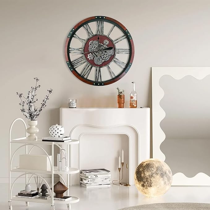 36 Inch Moving Gear Wall Clock, Oversized Wall Clocks, Clock Living Room Decor, Solid Wood Frame, Battery Operated, Large Wall Clock with Industrial for Fireplace(Black Walnut)-Ruum Studio Home