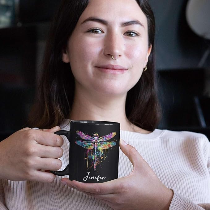 Colorful Dragonfly Ceramic Cup - Personalized Name Coffee Mug for Birthday, Gift for Son Daughter, Customized Black Animal Mug, Dragonfly Lover Cup 11oz 15oz-Ruum Studio Home