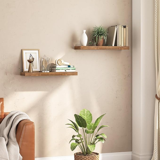 HOOBRO Floating Shelves for Wall, Wall Mounted Shelf Set of 2, 23.6" Hanging Shelf with Invisible Brackets, for Wall in Bathroom, Bedroom, Toilet, Kitchen, Living Room, Office, Rustic Brown BF60BJ01-Ruum Studio Home