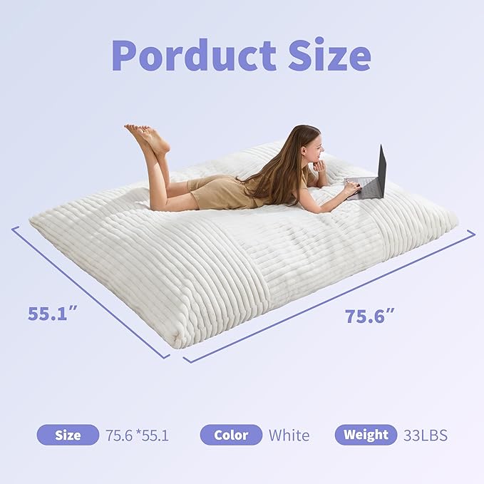 Hobestluk 3 in 1 Bean Bag Chair Giant Bean Bag Chairs Convertible Bean Bag Floor Cushion with Machine Washable Cover, Beanbag Chairs for Adult (White)-Ruum Studio Home