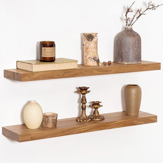 Rustic 30" Floating Shelves, Real Elm Wood Floating Shelf for Wall, Heavy-Duty Wall Shelves for Books, Wooden Floating Shelves with Invisible Bracket for Bathroom, Kitchen, Natural Color, Set of 2-Ruum Studio Home
