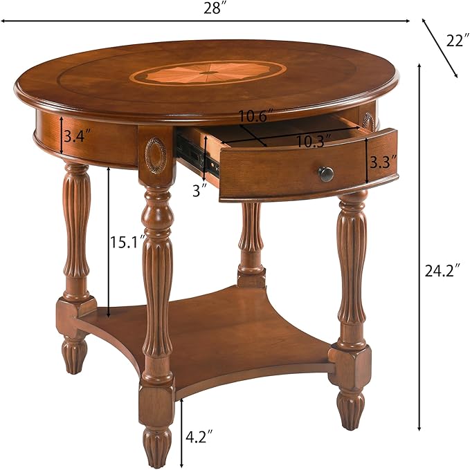 Solid Wood End Table with Drawer and Storage Shelf, Oval Sofa Side Table with Carved Legs, Living Room Corner Table, Large Beside Table, Elegant Vintage, No-Tools Assembly, Caramel Brown CJZ1533MG-Ruum Studio Home