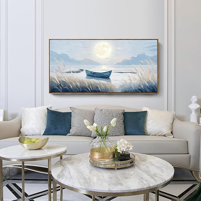 amatop Large Framed Wall Art Bedroom Living Room Decor Blue Boat Moonlight Coastal Seascape Picture Landscape Decorative Canvas Print Tranquil Night Ocean Lake Scene Artwork Nautical Wall Decor 48x24-Ruum Studio Home