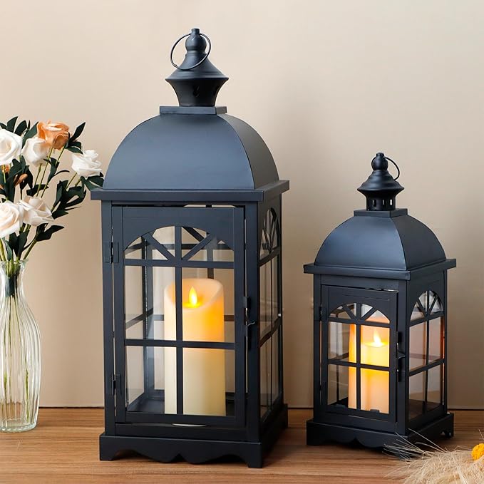 TRIROCKS Set of 2 Decorative Vintage Candle Lanterns 14.5"&20" H Farmhouse Outdoor Hanging Lanterns with Tempered Glass for Porch, Balcony, Patio, Home, Centerpieces, Indoor, Outdoor(Black)-Ruum Studio Home