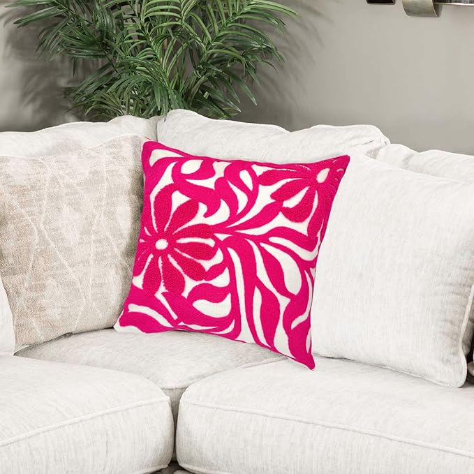 Alysheer Farmhouse Floral Leaves Embroidered Decorative Throw Pillow Cover 18x18 inches, Boho Tufted Flowers Embroidery Pattern Chic Cotton Cushion Case for Couch Bed Sofa Living Room(Bright Hot Pink)-Ruum Studio Home