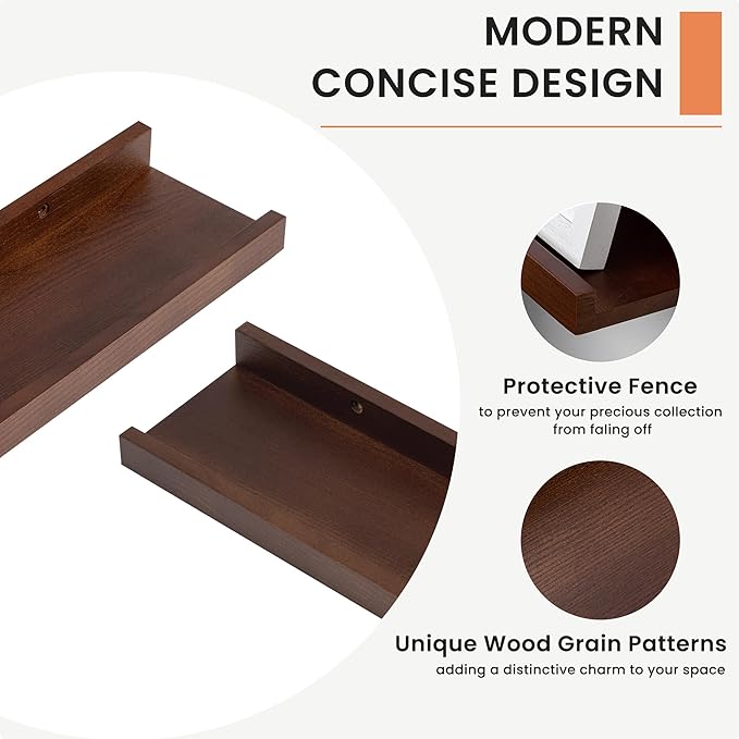 Solid Ash Wood Picture Ledge Shelf, Floating Shelves Set of 2, 56 Inch Long Large Ledge Shelves, Nursery Book Shelves Wall Mounted for Living Room Bedroom Kitchen Decor Kids Bookshelf, Walnut-Ruum Studio Home