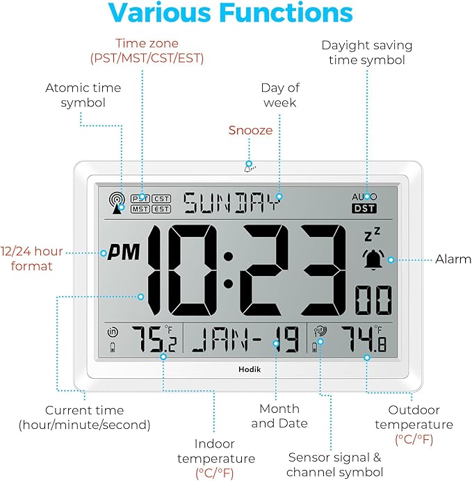 Wall Clock Atomic with Indoor Outdoor Temperature Battery Powered, Easy Reading with 10.5 Inch Large LCD Display, 330FT Range Table Wall Clock with DST, 12/24 Hour for Living Room Kitchen (White)-Ruum Studio Home