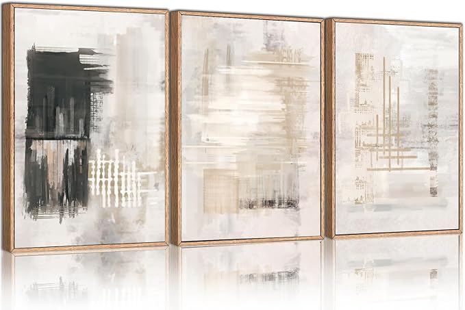 HPINUB Modern Abstract Canvas Wall Art, Set of 3 Framed Art Prints, Black and White Large Wall Painting, 16x24inch Neutral Minimalist Wall Decor for Living Room, Bedroom, Dining Room, Office, Bathroom-Ruum Studio Home
