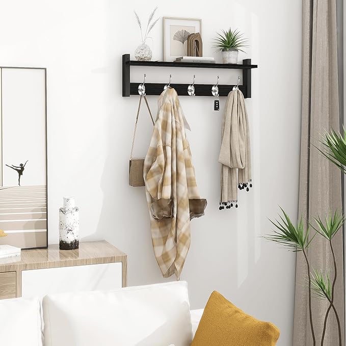 Homode Coat Rack Wall Mount with Shelf, 24" Long Entryway Shelf with Hooks Underneath, Wooden Coat Hanger for Hanging Hats, Bathroom Towels, Clothes, Black-Ruum Studio Home