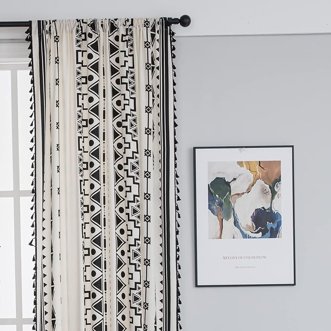 Sutuo Home Black and White Boho Curtain 84 Inches Length for Bedroom, Printed Cotton Linen Geometric Rod Pocket Chic Semi Blackout Bohemian Tassels Window Treatment, 1 Panel 59" W x 84" L-Ruum Studio Home