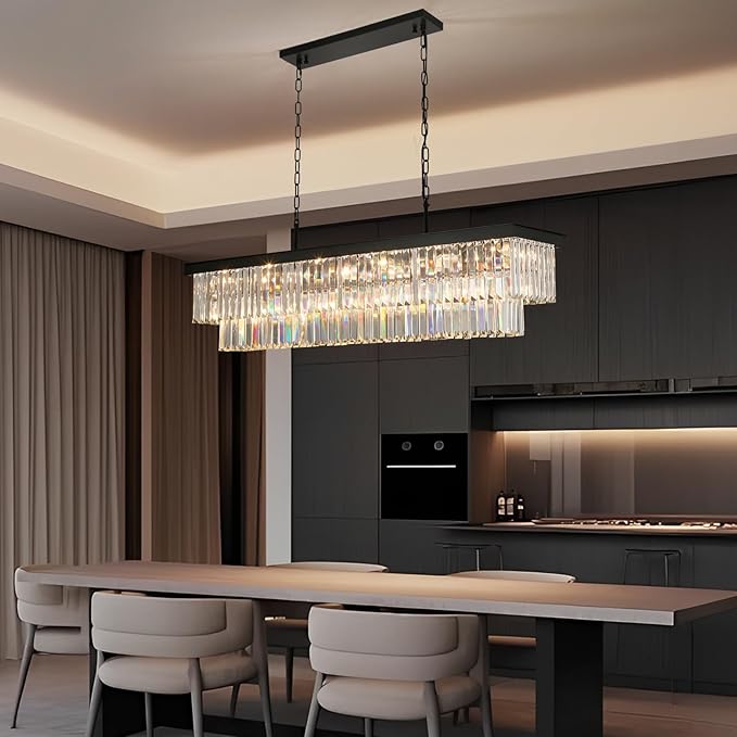 Crystal Chandeliers for Dining Room Light Fixtures Over Table，18-Lights Black Modern Rectangle Chandeliers for Kitchen Island Bar L46 Inch-Ruum Studio Home