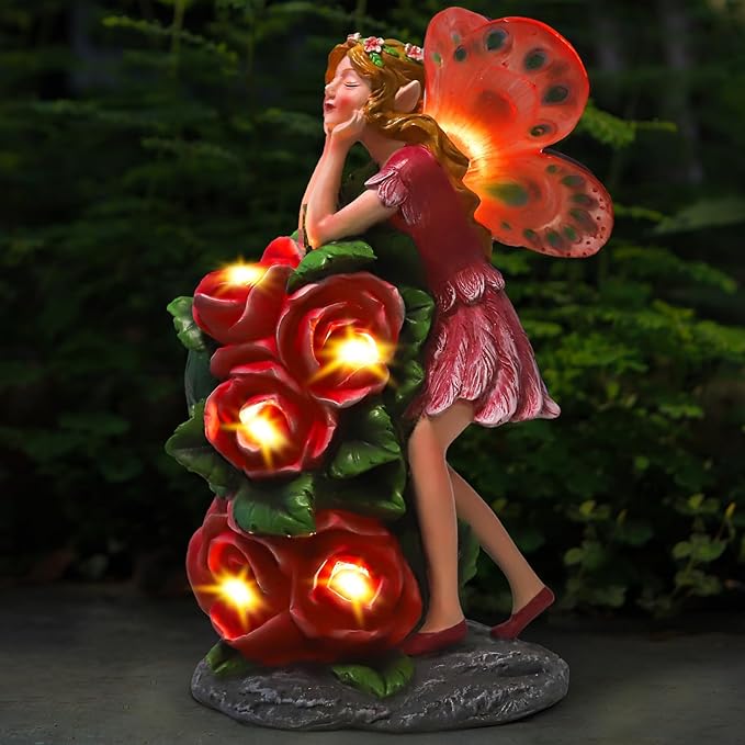 Solar Garden Outdoor Statues Cute Flower Fairy with 7 LED Solar Figurine for Lawn,Patio, Balcony, Yard Unique Housewarming Gift, for Woman, Mom, Grandma-Ruum Studio Home