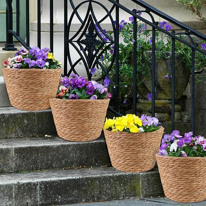 4 Pcs Large Premium Seagrass Planter Basket with Plastic Lining Natural Stylish Planter Baskets Indoor Outdoor Plants Woven Wicker Baskets for Plants Flower Pots Cover and Room Decor(10.2x7.5x7.5")-Ruum Studio Home
