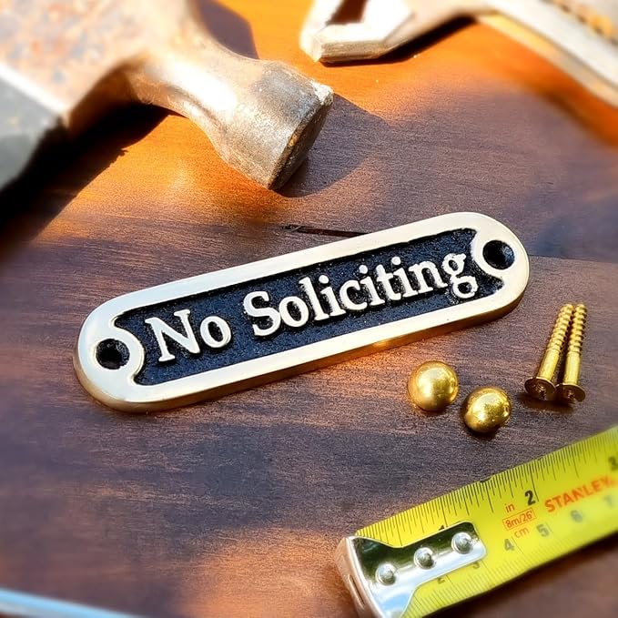 No Soliciting Brass Door Sign. Traditional Style Home Décor Wall Plaque Handmade By The Metal Foundry UK.-Ruum Studio Home