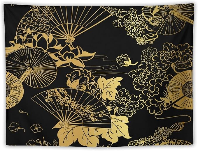 HZOHNAGO Japanese Tapestry Gold Flowers Umbrella Fan Pattern Printed Wall Tapestry Painting Wall Hanging for Bedroom Living Room Dorm 40" W x 30" H-Ruum Studio Home