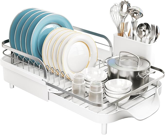 Dish Drying Rack, Expandable Dish Rack for Kitchen Counter, Stainless Steel Dish Drainer with Drainboard Set and Utensil Holder (White)-Ruum Studio Home