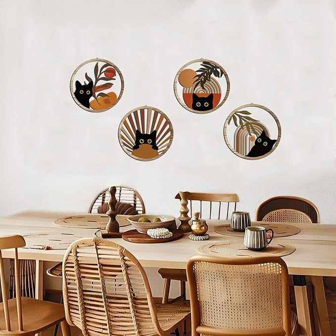 RETRART Boho Black Cat Wall Art Black Cat Room Decor Aesthetic, 4-Piece Farmhouse Geometric Wooden Cat Wall Decor Mid-Century Bohemian Moon Sun Design for Nursery, Bedroom Perfect Cat Lover Gifts-Ruum Studio Home