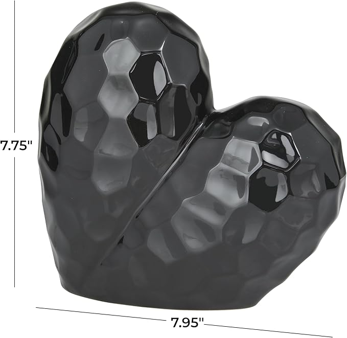 Deco 79 Porcelain Ceramic Heart Decorative Sculpture Dimensional Angled Origami Inspired Home Decor Statue, Accent Figurine 8" x 3" x 8", Black-Ruum Studio Home