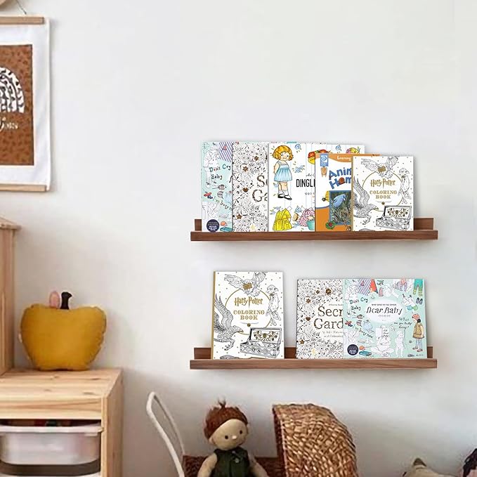 AZSKY Floating Nursery Book Shelves Light Fair Pale Walnut Rustic Picture Photo Ledge Shelves Wall Mounted Wooden Display Shelf for Bathroom Bedroom Kitchen 24 Inch Wall Shelves a Set of 2-Ruum Studio Home