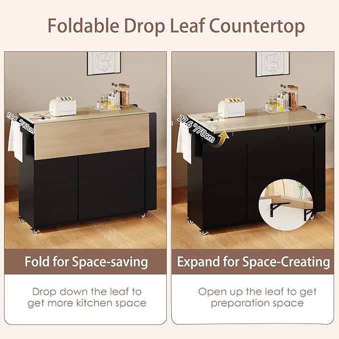 Kitchen Island with Drop Leaf & Power Outlet, Rolling Kitchen Island on Wheels with Trash Can Storage, Island Table Bar Cart with Spice Rack, Towel Rack, Drawers, Mobile Kitchen Carts on Wheels-Ruum Studio Home