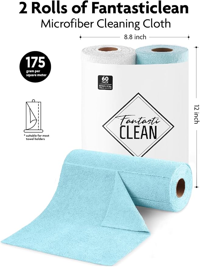 Fantasticlean Microfiber Cleaning Cloth Roll -60 Pack, Tear Away Microfiber Towels, 12" x 12", Reusable, Washable, Scratch Free, Ultra Absorbent Dish Rags for Car, Home, Garage or Shop (White & Blue)-Ruum Studio Home