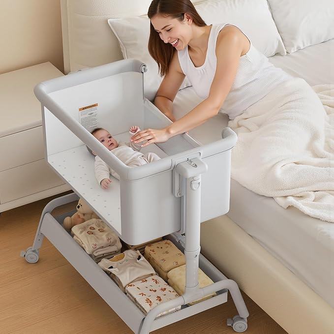 3-in-1 Baby Bassinet, Rocking Bassinet, Bedside Bassinet for Baby, Stable and Secure Bassinet Bedside Sleeper for Newborn & Infant, 6 Height Adjustable with Wheels, Mattress & Breathable Mesh-Ruum Studio Home