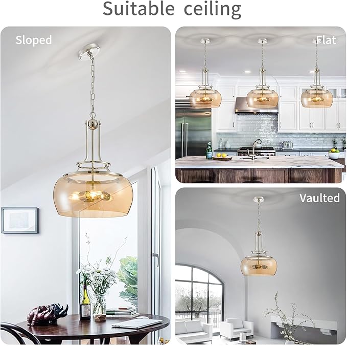 WUZUPS Nickel Chandelier Rustic Farmhouse Industrial Round Ceiling Pendant LED Light Fixture with Amber Glass Shade for Dining Room Kitchen Island Foyer Entryway, H 20.9" W 15.9", E26 Base-Ruum Studio Home