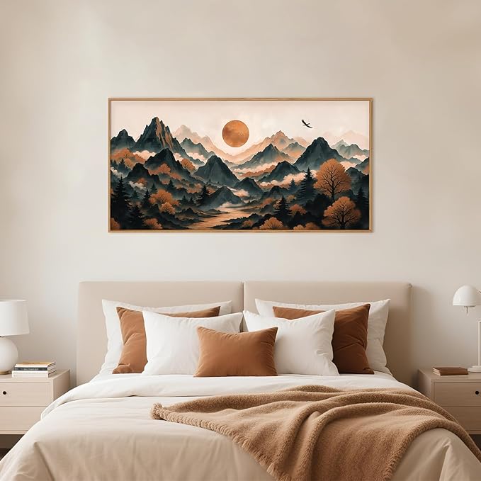 Large Boho Mountain Framed Canvas Wall Art Set, Brown Ridge Landscape Wall Decor, Pine Tree Scenery Wall Painting, Abstract Wilderness Art Print for Living Room, Bedroom, Office - 20X40-Ruum Studio Home