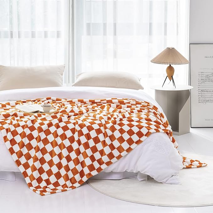 LOMAO Throw Blankets Flannel Blanket with Checkerboard Grid Pattern Soft Throw Blanket for Couch, Bed, Sofa Luxurious Warm and Cozy for All Seasons (Orange, 90"x90")-Ruum Studio Home