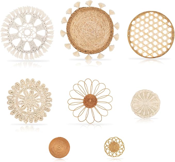 Boho Wall Basket Decor Set of 8 - Flat Woven Basket Wall Hanging Decor,Round Tassels White Macrame Tapestry Wall Decor Art,Handmade Rattan Wicker Seagrass Home Wall Baskets Decor（Boho Classic)-Ruum Studio Home