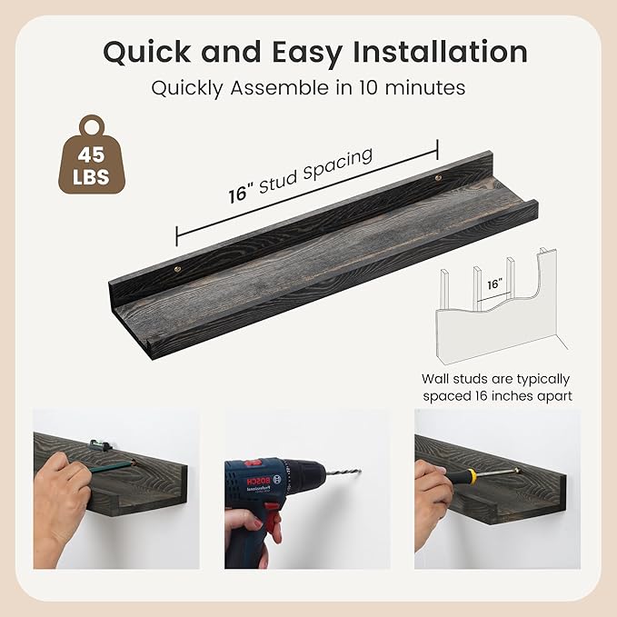 Picture Ledge Wall Shelves - 24 Inch Width Set of 3, Solid Pine Wood Rustic Floating Ledge Shelves for Kids' Room, Bedroom, Kitchen, Bathroom, Living Room, Nursery Display Wall Decor, Grey-Ruum Studio Home