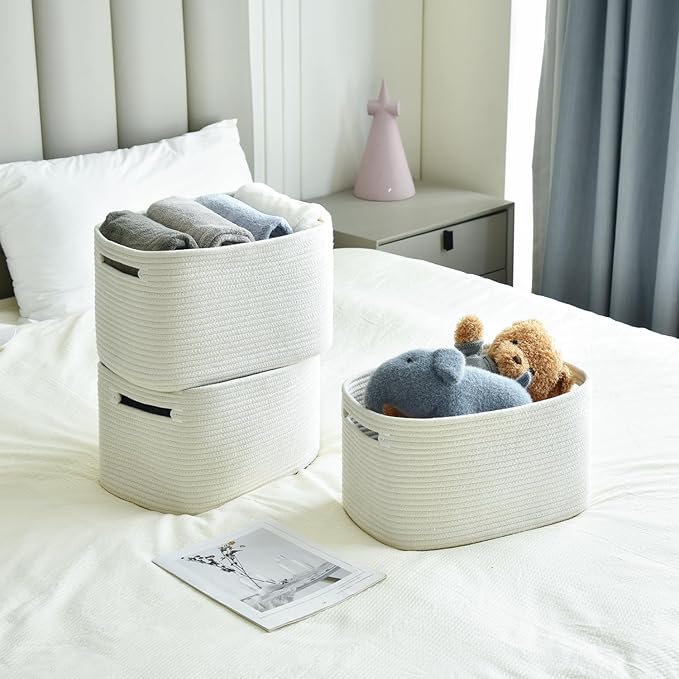 Storage Basket - Woven Cotton Rope Baskets for Organizing, Decorating Shelves, Books, Towels, Toys - 3 Pack - White-Ruum Studio Home