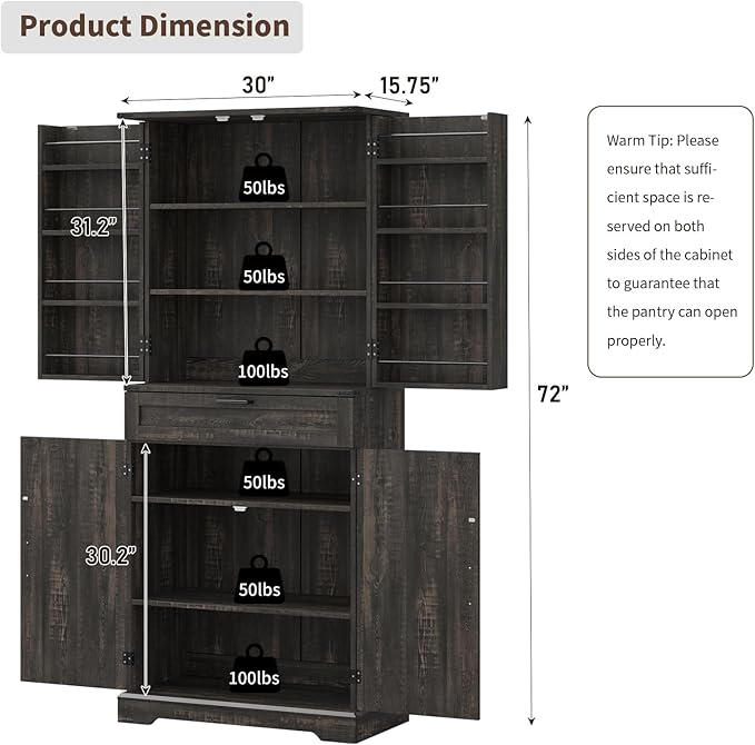72'' Kitchen Storage Pantry Cabinet, Tall Storage Cabinet with 8 Door Shelves, 2 Cabinets and 1 Drawer, Freestanding Cupboard for Kitchen, Dining Room, Bathroom, Laundry, Living Room, Dark Rustic Oak-Ruum Studio Home