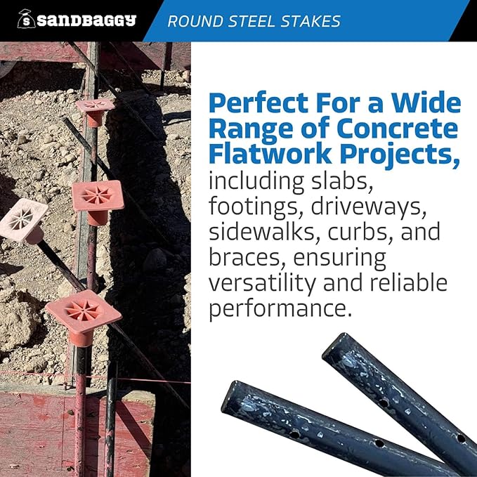Sandbaggy Round Steel Concrete Form Stakes with Nail Holes - Rust Resistant Coating - Removable, Reusable (5, 3/4 in X 60 in)-Ruum Studio Home