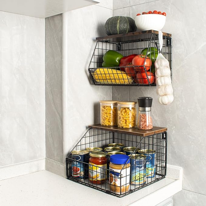 Fruit Basket, Stackable Wall Mounted Fruit Baskets, Potato Baskets Onion Storage for Kitchen, Hanging Wire Basket with Wood Lid, 2-Tier Vegetable Organizer Kitchen Countertop Organization-Ruum Studio Home