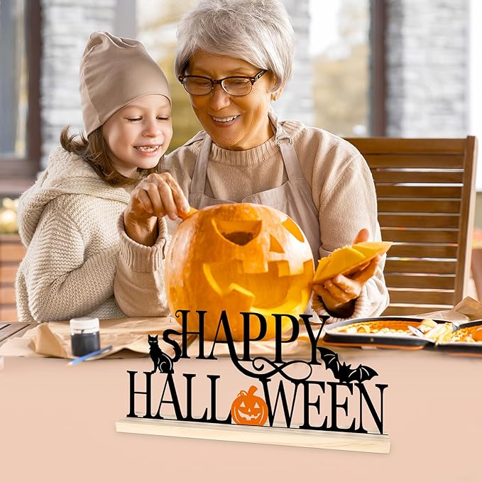 COCHIE Metal Happy Halloween Sign, Black Halloween Decorations for Home, Office, Shelf, Mantel, Indoor, Jack-o-lantern Decoration, Spooky Cat Bat Decor (Halloween)-Ruum Studio Home