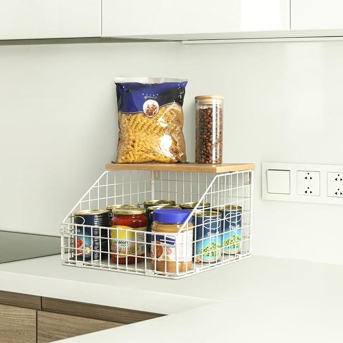 White Fruit Bowl, 2-Tier Fruit Basket for Kitchen Counter, Stackable Wall Mounted Veggie Storage, Snack Organizer, Potato and Onion Storage Basket, Hanging Pantry Organizer with Wood Lid, 2 Set-Ruum Studio Home