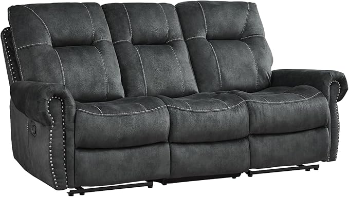 EBELLO Manual Recliner 3 Seat Sofa Couch, Soft Fabric 3 Seater Reclining Couch Chair, Vintage Rivet Mid-Century Design Furniture for Living Room, Meeting Room, Grey-Ruum Studio Home