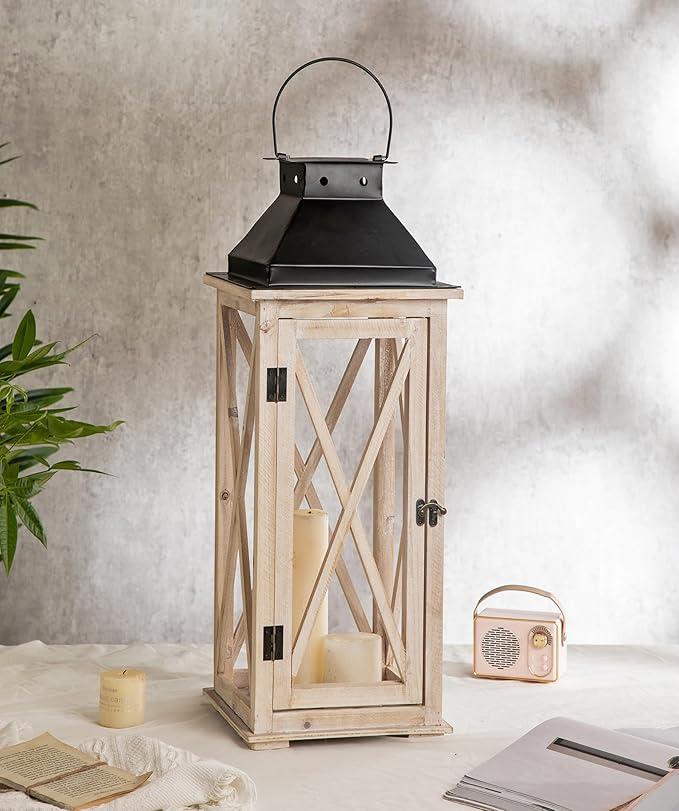 TIMRIS Large Wooden Candle Lanterns Decorative Set of 2, Rustic Farmhouse Whitewash Floor Lanterns, Indoor/Outdoor Hanging Lanterns for Home Decor (No Glass)-Ruum Studio Home