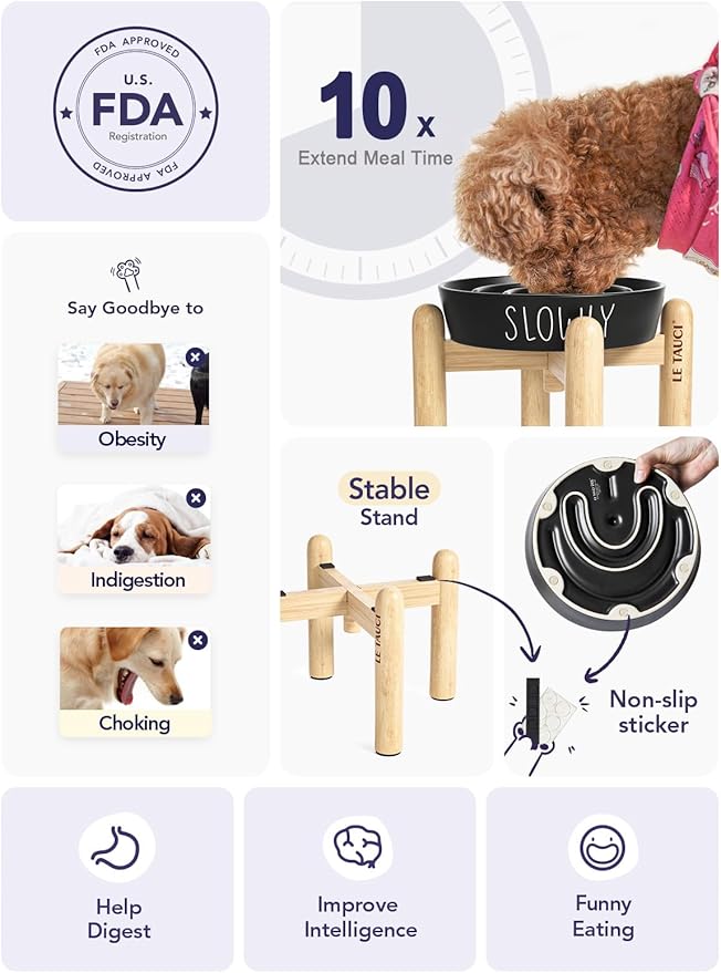 Ceramic Slow Feeder Dog Bowls Elevated, 3 Cups Raised Dog Bowl with Wooden Stand for Medium Large Breed to Slow Down Eating, Puzzle Food Bowl,Black-Ruum Studio Home