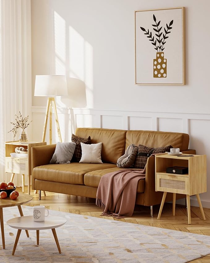 Rattan Nightstand,Modern Bedside Table with Storage Drawer and Open Wood Shelf, for Living Room, Bedroom and Small Spaces, Accent Night Stand with Solid Wood Legs, Easy Assembly,(Oak)-Ruum Studio Home