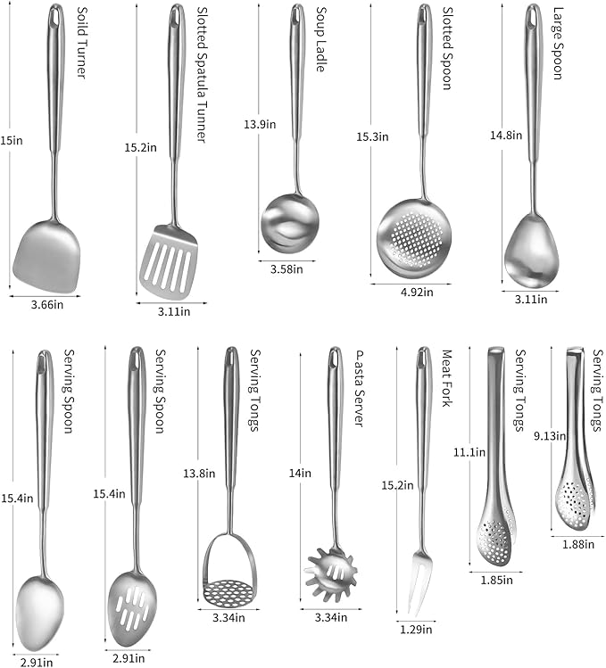 304 Stainlss Steel Kitchen Utensils Set, 12 Pcs Long Metal Cooking Utensil Gadgets Tools Set with Spatula, Ladle, Spoon, Ladle, Skimmer, Tunner, Pasta Server, Tongs(Silver, Dishwasher Safe)-Ruum Studio Home