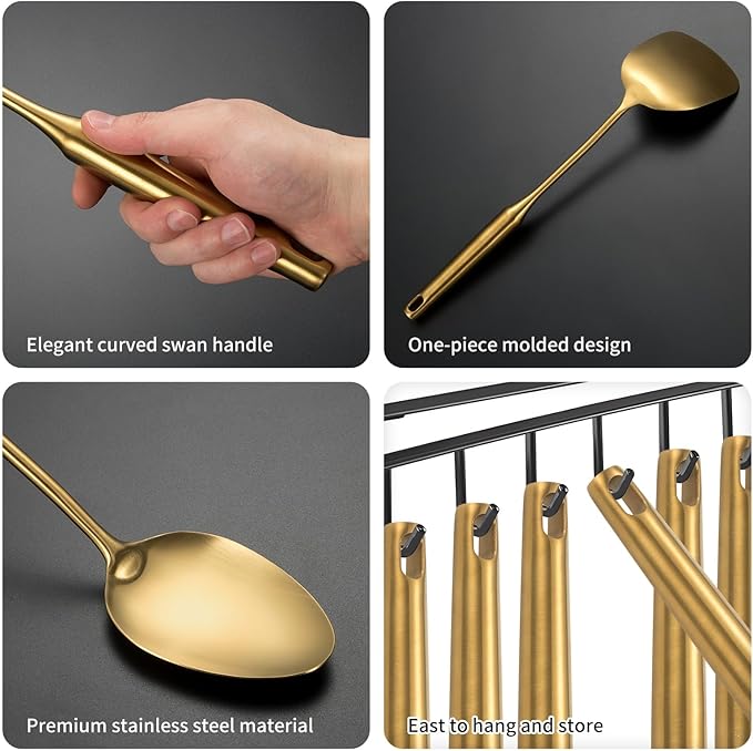304 Stainless Steel Cooking Utensil,Kitchen Kitchen Utensil with Spatula, Solid Spoon, Ladle, Skimmer, Spaghetti Spoon, 6 Piece Set, Dishwasher Safe(Gold)-Ruum Studio Home